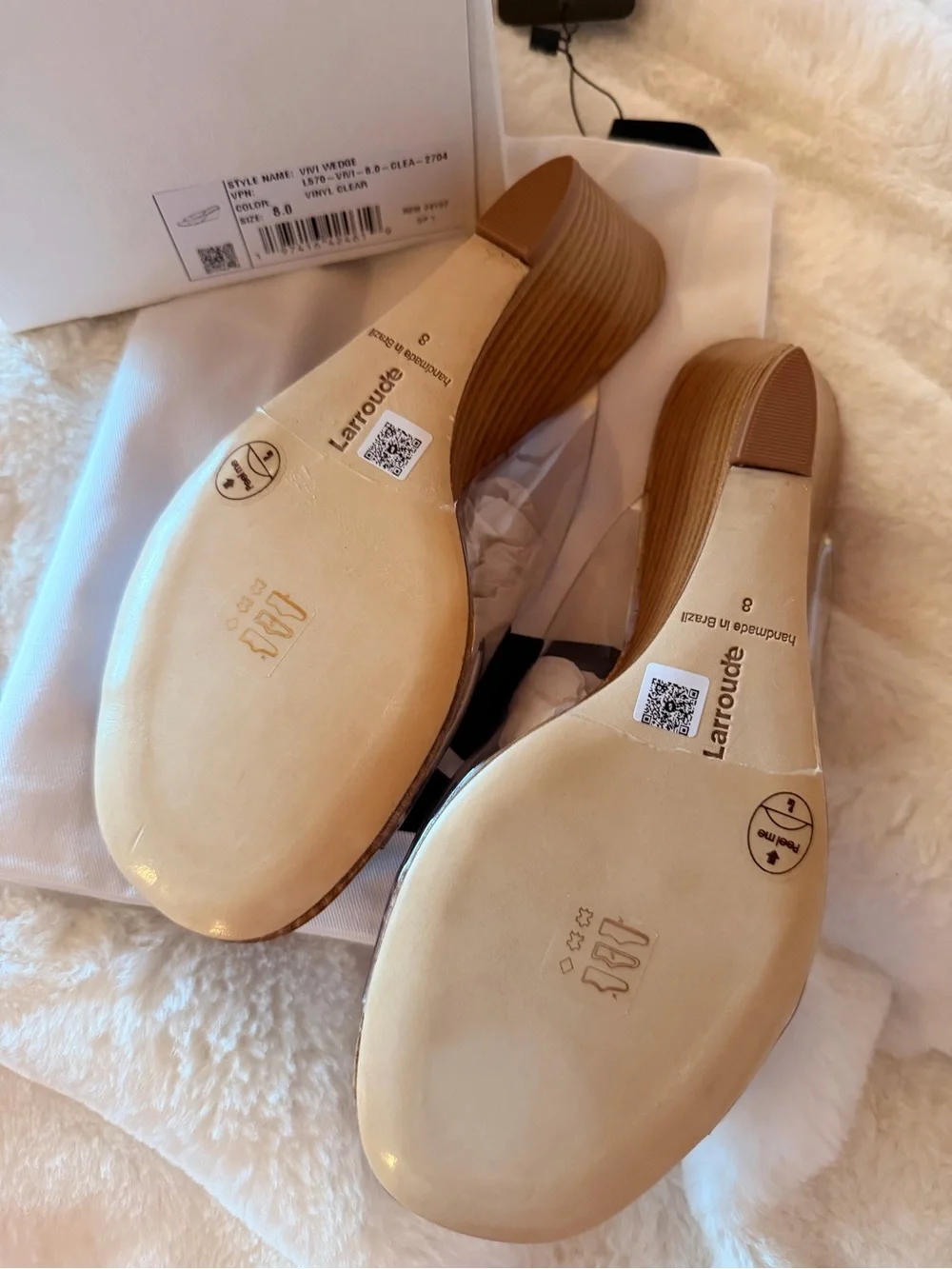 Larroude Clear Vinyl Wedge Mule with Tan Wood-Effect Heel